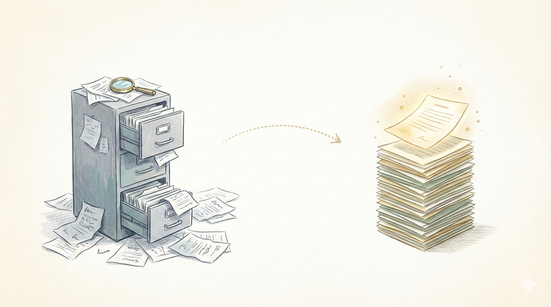 Messy filing cabinet transforming into a neatly ranked stack of documents