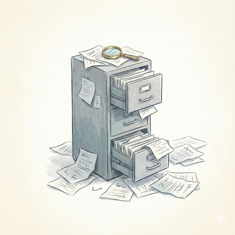 Messy filing cabinet transforming into a neatly ranked stack of documents