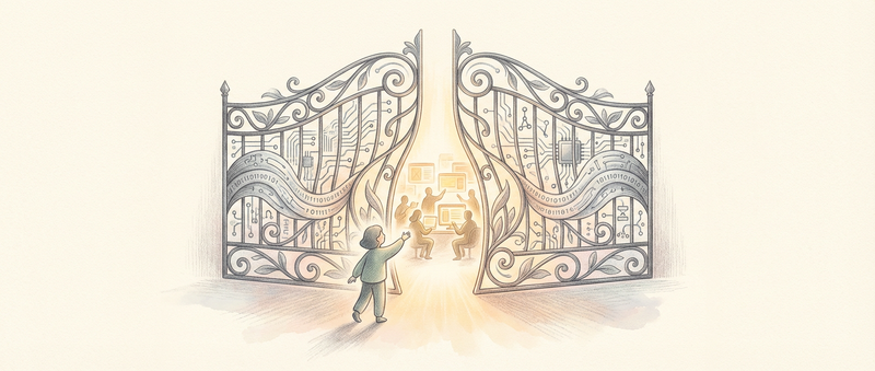 A massive ornate wrought-iron gate with circuit board patterns slowly closing, warm golden light spilling through the narrowing gap from a collaborative coding community beyond