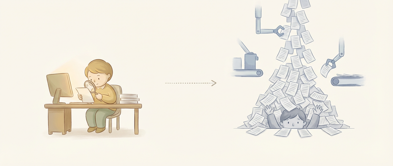 A lone maintainer overwhelmed at their desk as robotic arms on conveyor belts launch an endless avalanche of identical pull requests