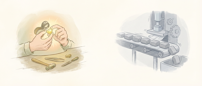Weathered hands carefully examining code like a jeweler inspecting a gem, contrasted with a cold industrial machine stamping out identical copies