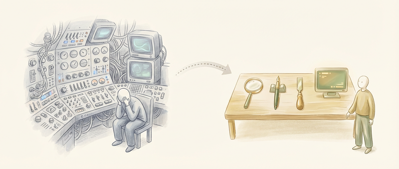 Cluttered spaceship cockpit with overwhelming controls contrasted with a clean minimal workbench holding just four simple tools