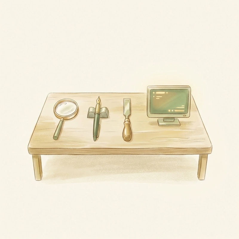 Cluttered spaceship cockpit with overwhelming controls contrasted with a clean minimal workbench holding just four simple tools