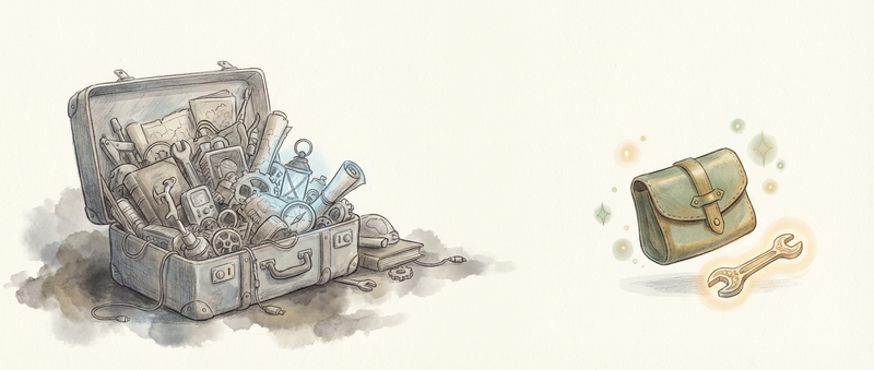 Heavy overflowing suitcase of unused tools contrasted with a compact pouch with just one glowing tool pulled out