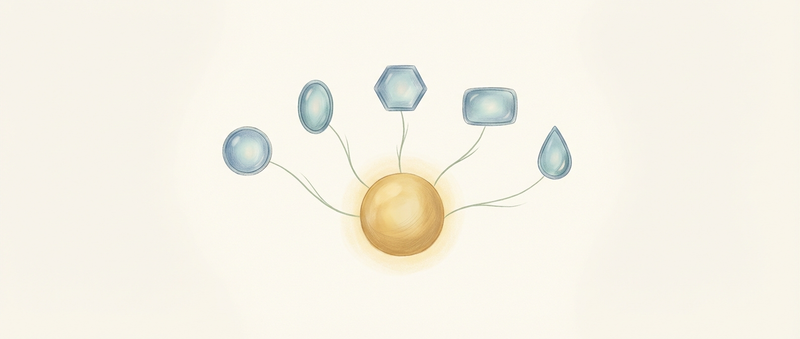 A warm glowing golden orb at the center with five dusty blue lens-shaped portals orbiting around it, connected by thin sage green lines