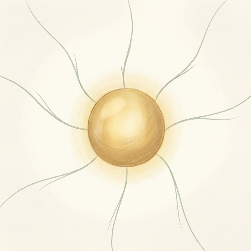 A warm glowing golden orb at the center with five dusty blue lens-shaped portals orbiting around it, connected by thin sage green lines