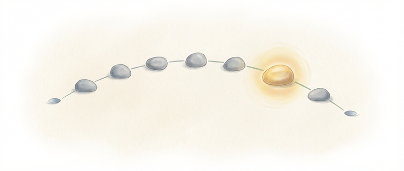 A path of gray stepping stones arcing left to right with one golden glowing stone near the end, representing the single agent step among many infrastructure steps