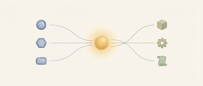 Channels on the left flowing through a golden gateway orb to different agents on the right, with crossing lines showing intelligent routing