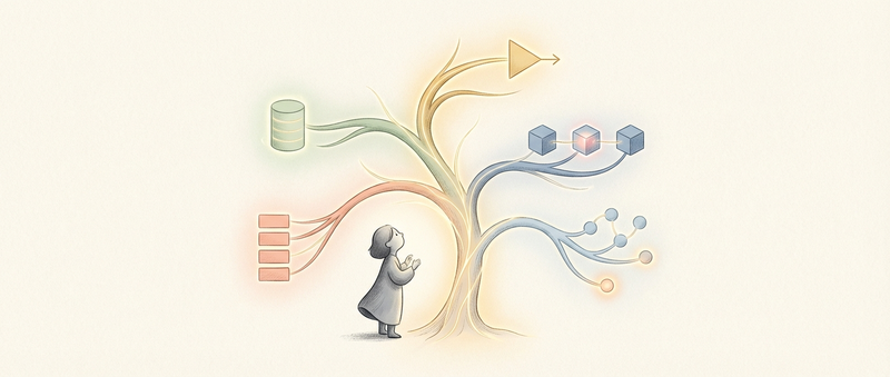 A curious figure discovering a glowing tree structure that branches into five symbolic icons representing different domains