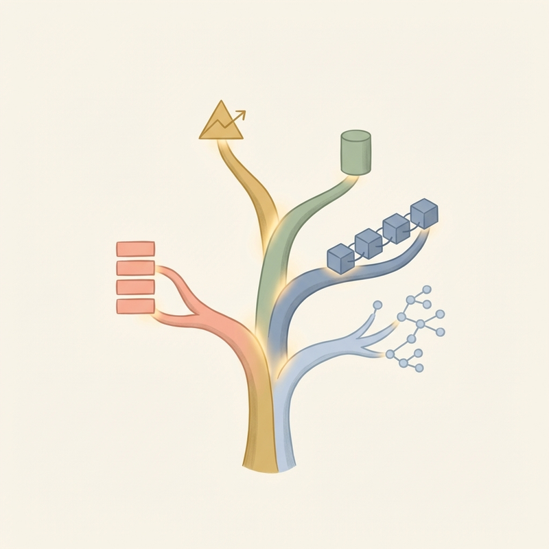 A curious figure discovering a glowing tree structure that branches into five symbolic icons representing different domains