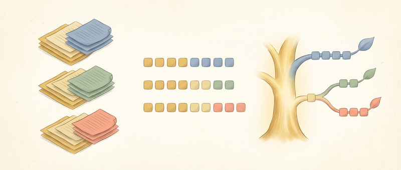 Left-to-right flow showing documents transforming into tokens flowing into a shared radix tree trunk