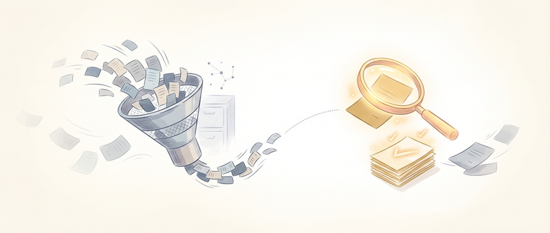 A fast mechanical sieve passes many documents to a careful golden examiner who reads each one