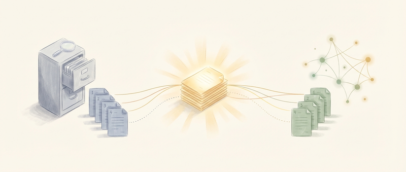 Two ranked lists — one from a filing cabinet, one from constellation dots — converging into a single golden fused document stack