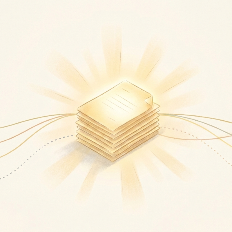 Two ranked lists — one from a filing cabinet, one from constellation dots — converging into a single golden fused document stack