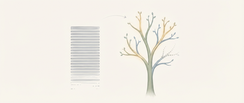 A flat stack of gray lines next to a graceful branching tree with glowing golden paths