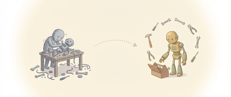 Two contrasting scenes: on the left a figure manually assembles a robot with scattered tools in cool grays, on the right a robot calmly self-organizes its own tools in warm gold and sage green tones