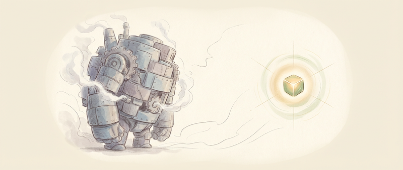 A towering gray machine next to a small glowing golden cube radiating quiet confidence