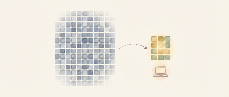 A large detailed grid of model weights compressed into a small compact glowing version that fits on a laptop